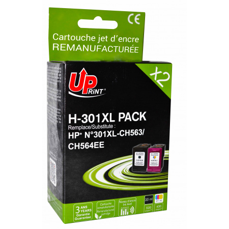 UPRINT PACK 2 CARTOUCHES REMANUFACTUREES HP 301XL